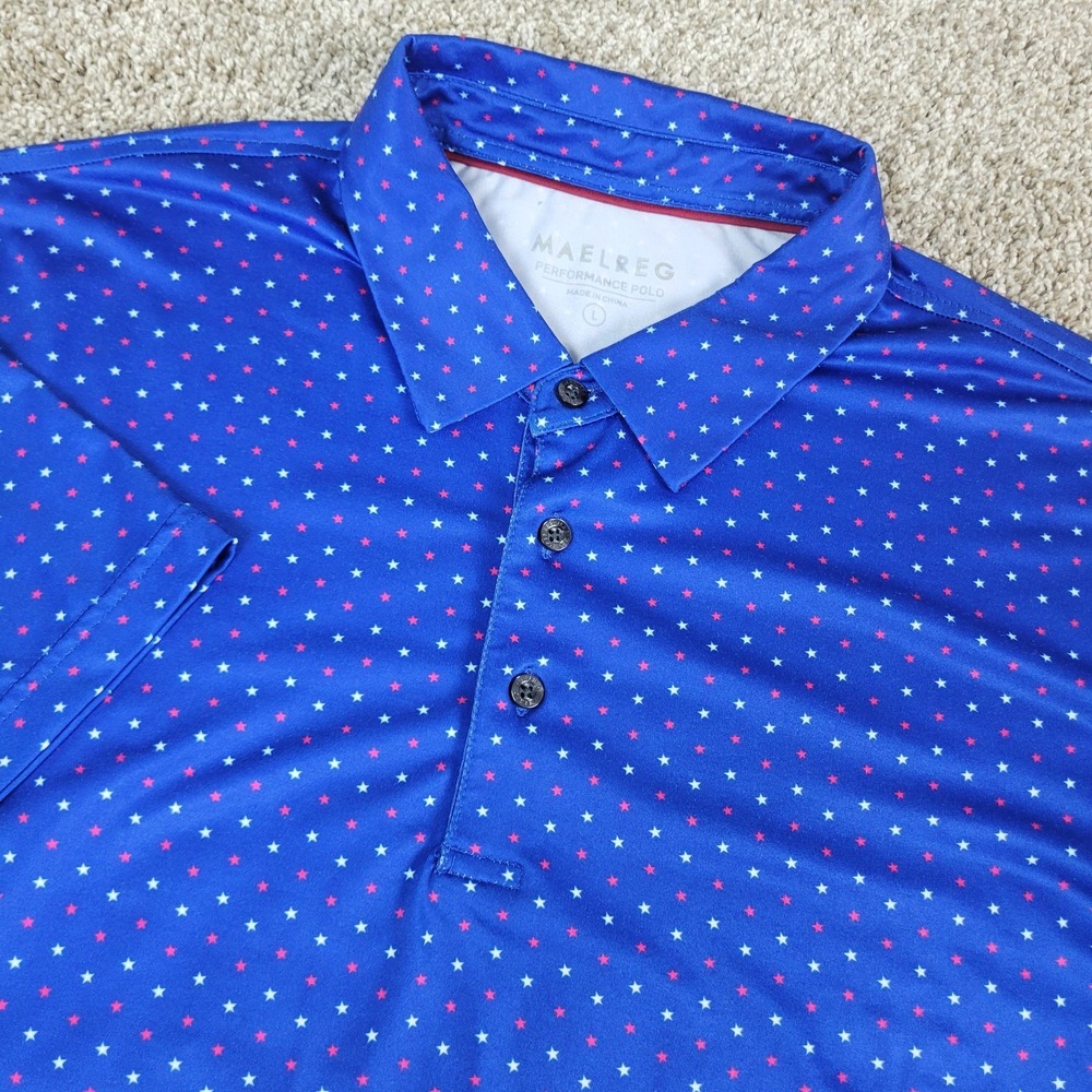 Maelreg Mens Large Blue AOP Stars Performance Stretch Polo Short Sleeve‎